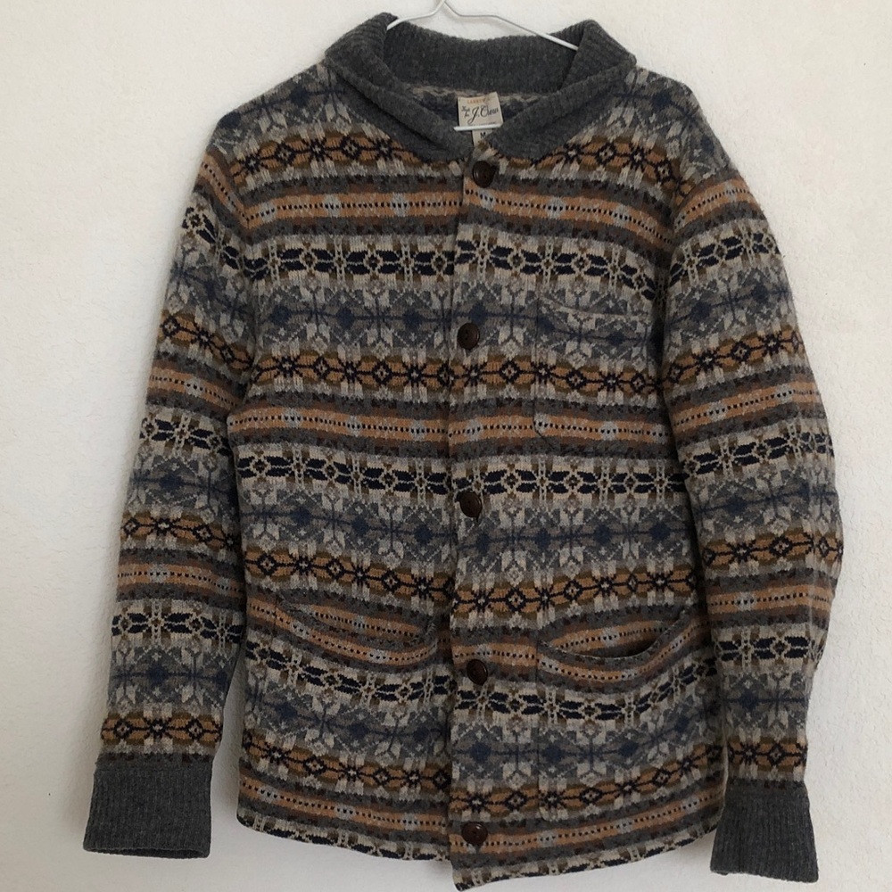 J. Crew Fair Isle Cardigan Boiled Lambswool Sweater Jacket Mens